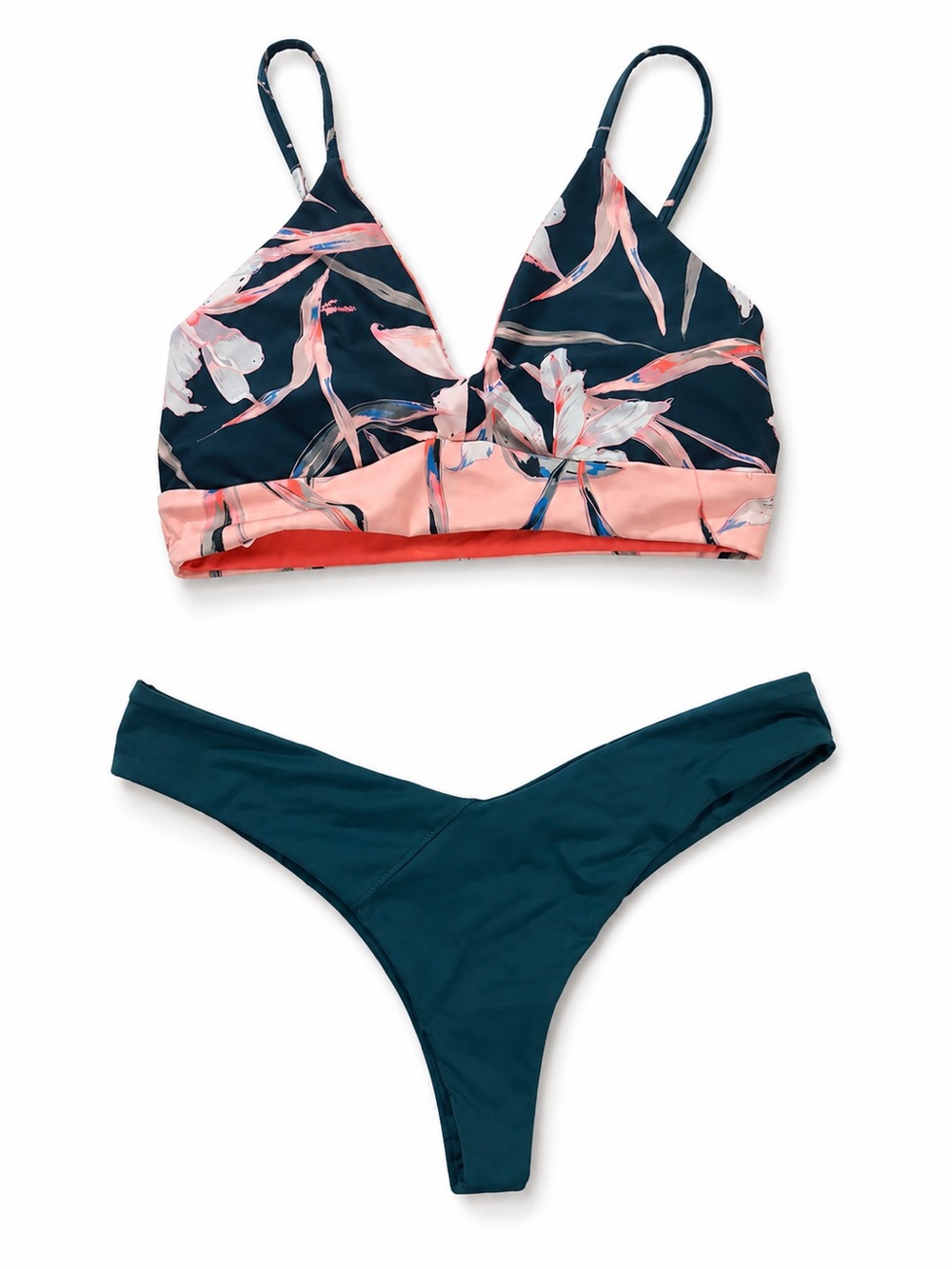 Maaji Floral V-Neck Bikini Set in Navy and Coral Pink